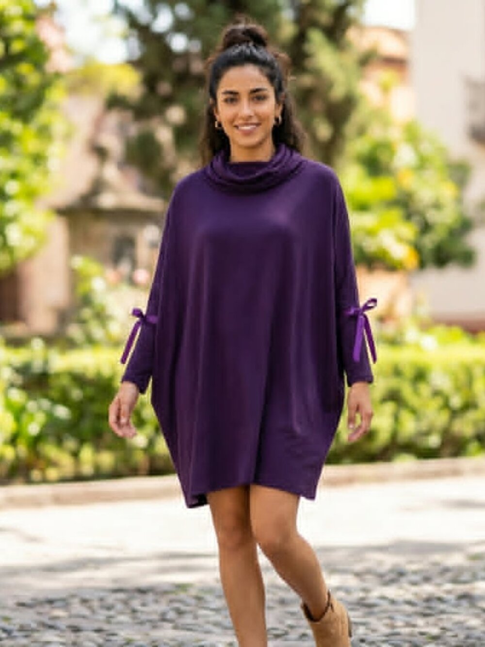 Women’s Purple Drape Poncho Tunic Dress Cowl Neck Batwing Sleeves with bows.